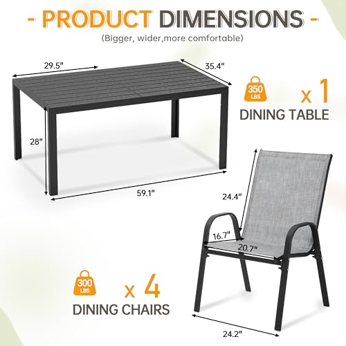 PIZZELLO 5-Piece Outdoor Patio Dining Set, 4Pcs Stackable Patio Chairs and Rectangular Dining Table, All Weather Outdoor Table and Chairs Set for Backyard, Garden, Deck and Poolside