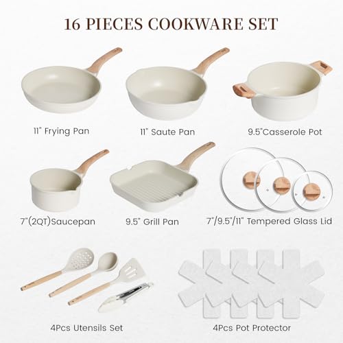 Kikcoin 16Pcs Ceramic Pots and Pans Set Non Stick, Includes a 9.5" Grill Pan, Induction Kitchen Cookware Sets, White Nonstick RV Kitchen Camping Cooking Sets Stackable (PTFE, PFOS, PFOA Free)
