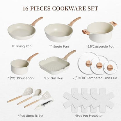 Kikcoin 16Pcs Ceramic Pots and Pans Set Non Stick, Includes a 9.5" Grill Pan, Induction Kitchen Cookware Sets, White Nonstick RV Kitchen Camping Cooking Sets Stackable (PTFE, PFOS, PFOA Free)