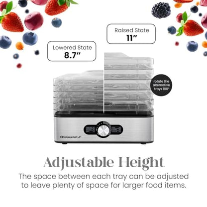 Elite Gourmet EFD3321 Food Dehydrator, Stainless Steel Trays Adjustable Temperature Controls, Jerky, Herbs, Fruit, Veggies, Dried Snacks, Stainless Steel