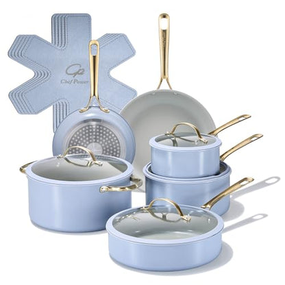 Chef Power Ceramic Cookware Sets, 15Pcs Pots and Pans Set Non Stick, Cookware Set with Stainless Steel Handle, Dishwasher & Oven Safe, Blue Gray and Granite Grey