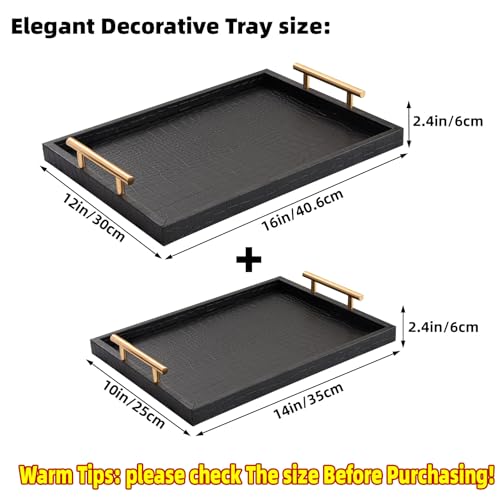 JUMBO HUMBLE Modern Elegant Large Wood Serving Tray, Set of 2 Black Crocodile Leather with Gold Polished Metal Handles, Home Decorative Rectangle Ottoman Decor Platter Living Room Bathroom Vanity Tray