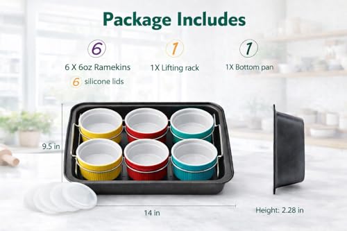 Ramekins set Mother’s Day Gift Set Creme Brulee Making Kit - COLORED 6 Porcelain Ramekins 6 Oz With Silicone Lids - 304 Stainless Steel Lifting Rack And 9.5" X 14" Baking Pan - Oven Safe