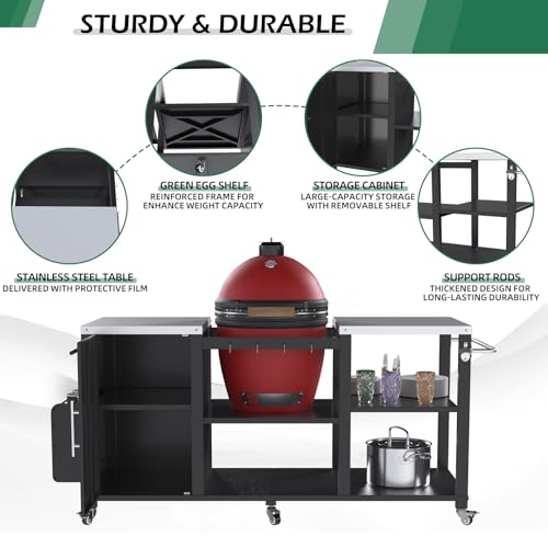 JFHID Outdoor Grill Table for Big Green Egg, Stainless Steel Grill Cart with Cabinet & Shelves, Heavy Duty 920LBS Outdoor Kitchen Island, Compatible with Large Big Green Egg, Kamado Joe Classic
