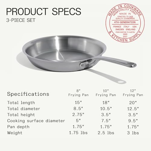 Made In Cookware | 3-Piece (Includes 8",10",12") Stainless Frying Pan Set | 5 Ply Stainless Clad | Professional Cookware | Crafted in Italy | Induction Compatible
