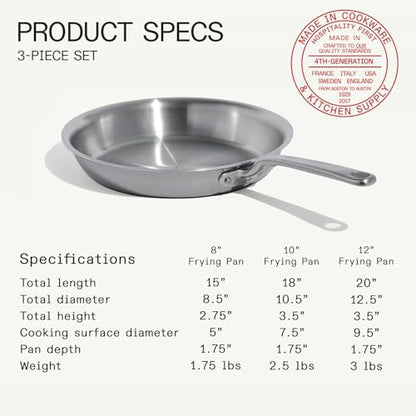 Made In Cookware | 3-Piece (Includes 8",10",12") Stainless Frying Pan Set | 5 Ply Stainless Clad | Professional Cookware | Crafted in Italy | Induction Compatible