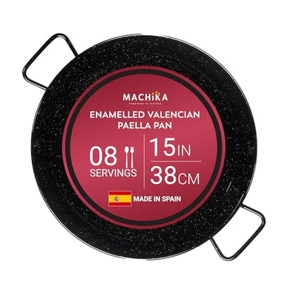 Machika Enamel Paella Pan | Paella Pan | Skillet for Paella and Rice Recipes | Perfect for Indoor & Outdoors | Easy Cleaning | Rust Proof Coating | 8 Servings | 15 inches |