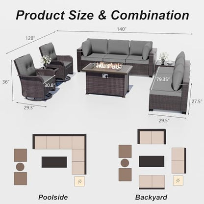 ALAULM Patio Furniture Set with 2 Swivel Chairs, Outdoor Sectional with 55000 BTU Fire Pit Table and Wide Seat, 11 Pieces Wicker Rattan Conversation Set with Coffee Table for Garden, Deck, Grey