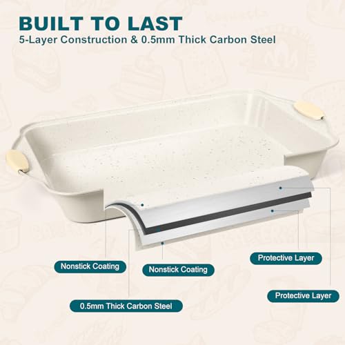 BakerChef 10-Piece Nonstick Baking Pans Set, Stackable Non-Toxic Bakeware Sets with Silicone Handle, Oven Pan Set for Cooking, Includes Easy Release Cookie Sheet, Roasting Pan, Muffin Tin (Cream)