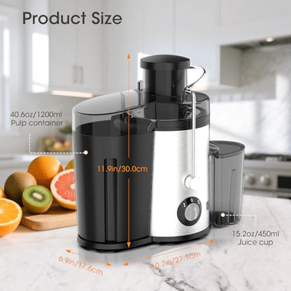 Juicer Machine, 600W Centrifugal Juice Extractor with 3” Wide Feed Chute, BPA-Free, Easy to Clean, Stainless Steel, Includes Cleaning Brush (Black)