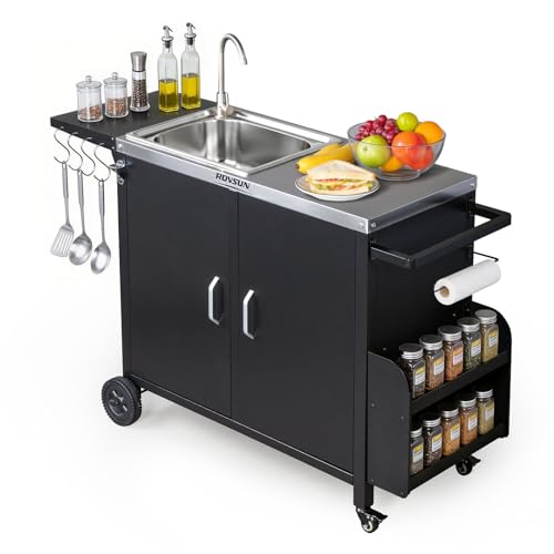 ROVSUN Outdoor Grill Cart with Sink, 304 Stainless Steel Sink, Movable Prep Table w/Cabinet, Rolling Kitchen Island w/Spice Rack and Hooks, Paper Racks for Backyard Cooking, Patio, Gardens