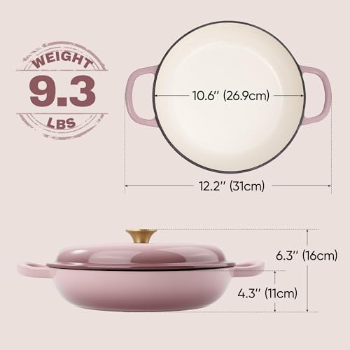 Vintage Style 3 Quart Enameled Cast Iron Braiser, Non Stick Enameled Cast Iron Skillet with Lid, Dutch Oven Skillet with lid up to 500°F for Oven, Stove, Grill, Shallow Dutch Oven for Cook, Bake (Pink)