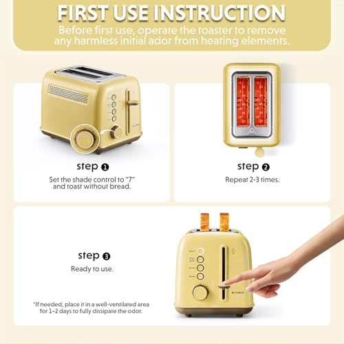 BUYDEEM DT620 2-Slice Toaster, 7 Shade Settings, Extra Wide 1.5'' Slots for Bagel & English Muffin, 6 Toasting Functions, Retro Stainless Steel Toaster with High Lift Lever, Mellow Yellow