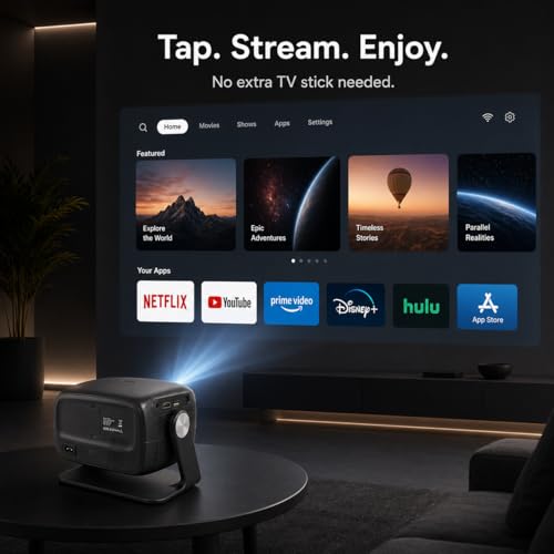 [Built in APP & Auto Focus] Native 1080P 4K Support Projector with Bluetooth 5.4 and Wifi 6 Portable Full HD, 180° Ceiling Rotation, Auto Keystone Real 560 ANSI Movie Projector for Bedroom, Outdoor