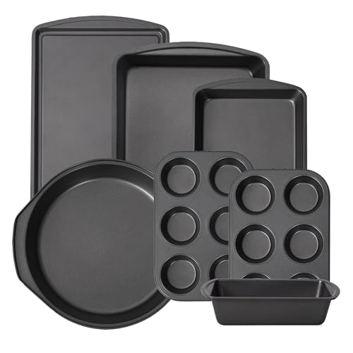 LISI 7 Piece Baking Pans Set Non Stick, Heavy-Duty Carbon Steel Oven Pan Set Include Muffin Pan, Loaf Pan, Cake Pan & Roasting Pan, PFA Free Non Toxic Make a Great Gift for Family
