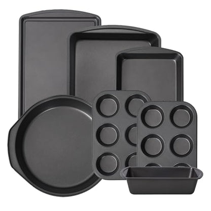LISI 7 Piece Baking Pans Set Non Stick, Heavy-Duty Carbon Steel Oven Pan Set Include Muffin Pan, Loaf Pan, Cake Pan & Roasting Pan, PFA Free Non Toxic Make a Great Gift for Family