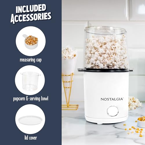 Nostalgia 8-Cup Hot Air Popcorn Maker & Bowl - 2-In-1 Bowl & Lid, 2 oz Measuring Cup - Oil-Free Pop Corn for Movie Night, Snacks, Birthday Parties, and More - White