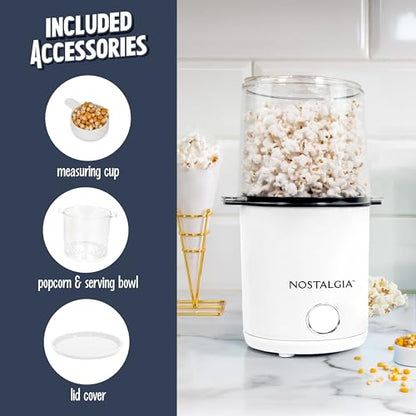 Nostalgia 8-Cup Hot Air Popcorn Maker & Bowl - 2-In-1 Bowl & Lid, 2 oz Measuring Cup - Oil-Free Pop Corn for Movie Night, Snacks, Birthday Parties, and More - White