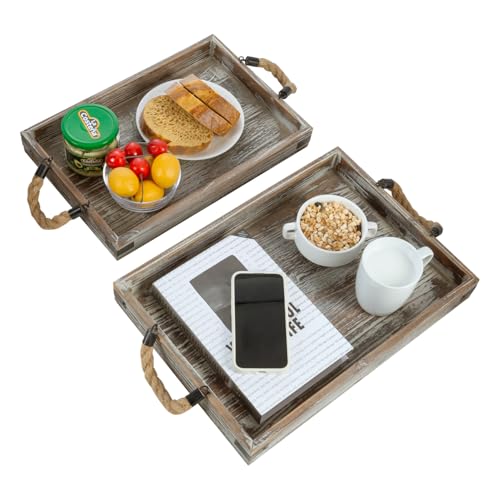 MyGift 2 Piece Set Rustic Torched Wood and Black Metal Decorative Nesting Serving Trays with Rope Handles for Breakfast in Bed, Coffee Table, Ottoman Decor