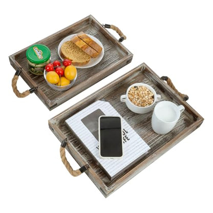 MyGift 2 Piece Set Rustic Torched Wood and Black Metal Decorative Nesting Serving Trays with Rope Handles for Breakfast in Bed, Coffee Table, Ottoman Decor