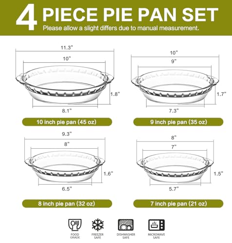 4 Packs Glass Pie Plates, MCIRCO Deep Pie Pans Set (7"/8"/9"/10"), Pie Baking Dishes with Handles for Baking and Serving, Clear