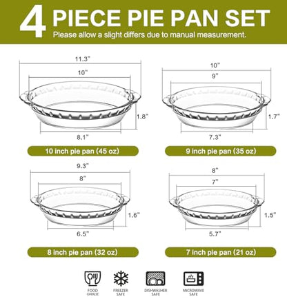 4 Packs Glass Pie Plates, MCIRCO Deep Pie Pans Set (7"/8"/9"/10"), Pie Baking Dishes with Handles for Baking and Serving, Clear