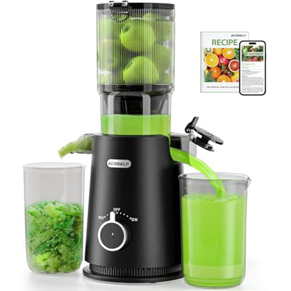 ECOSELF Cold Press Juicer - Wide Mouth Hopper for Fruits & Vegetables & Leafy Greens - Juicer Machines with Self Feeding - Hands-Free Design - Juice Extractor Machine Easy to Clean With Brush