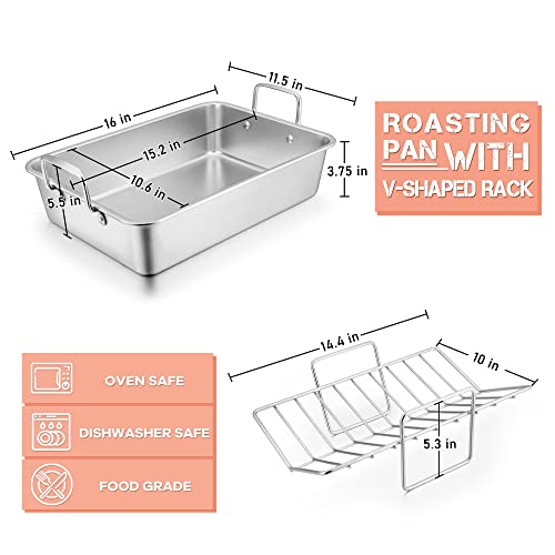 Leonyo Large Turkey Roasting Pan with V-shaped Rack, Rectangular 16 x 11.5 Inch Stainless Steel Turkey Roaster Pan with Rack Heavy Duty for Chicken Lasagna Vegetables Brownie, Dishwasher Safe, 2Pcs