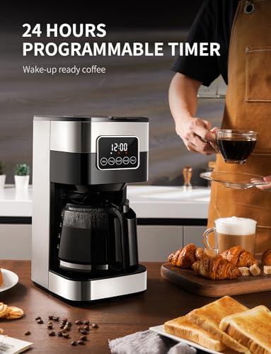 SHARDOR 10-Cup Programmable Coffee Maker, Regular & Strong Brew Drip Coffee Machine for Home and Office, Auto Shut Off, Permanent Filter, Silver