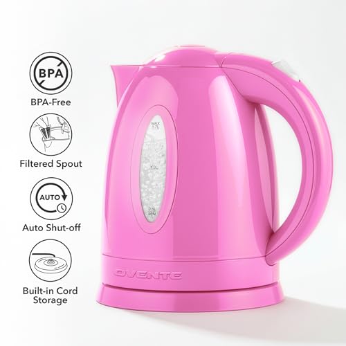OVENTE 1.7L Electric Tea Kettle, Fast Boiling Water Heater, Pink KP72P
