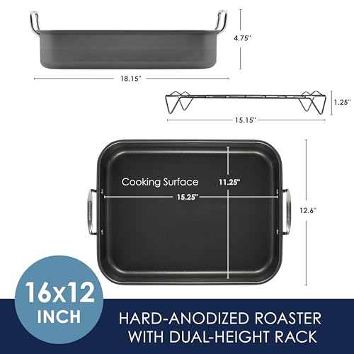 Rachael Ray Brights Hard Anodized Nonstick Roaster / Roasting Pan with Rack - 16 Inch x 12 Inch, Gray