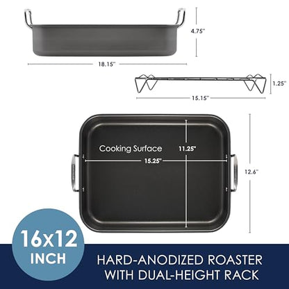 Rachael Ray Brights Hard Anodized Nonstick Roaster / Roasting Pan with Rack - 16 Inch x 12 Inch, Gray