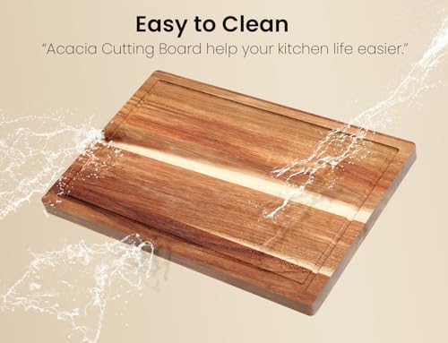 Fibogollo Acacia Wood Cutting Boards for Kitchen(Set of 3),Wooden Chopping Boards Set with Juice Groove,Serving Board with Holder,Butcher Block for Meat,Vegetables,Fruit