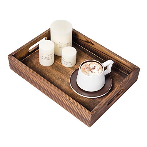 ExoLiry Rustic Brown Wood Food Serving Tray Cutout Handles Breakfast in Bed Coffee Wine Rectangular Ottoman Nesting Crate Tabletop Storage Box Desktop Document Holder Party Office Home Kitchen
