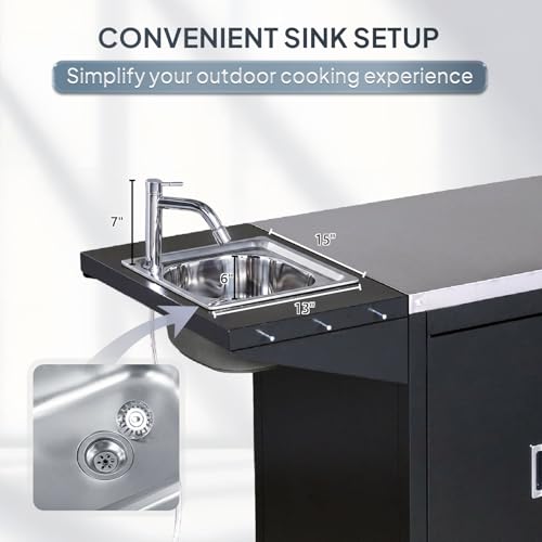 ROVSUN Outdoor Grill Cart with Sink, 304 Stainless Steel Sink with Cold Drink Refrigerated Area, Rolling Kitchen Prep Island with Cabinet, Bottle Opener, Rubbish Rack, for Patio, Gardens, Backyards
