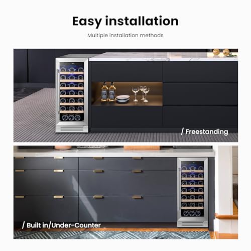 Yeego Wine Fridge Cooler - 15 Inch Wine Fridge Hold 33 Bottles, 40-65°F Wine Refrigerator Glass Door, Built in, Freestanding Under Counter Fridge for Beer Soda Drink Home Bar Office