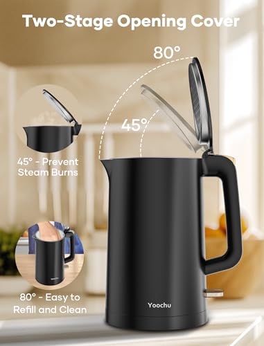 Yoochu Electric Kettle, Double Wall 1.7L Stainless Steel Cool Touch, Water Boiler & Heater, 1500W Hot Tea Pot, Boil Dry Protection & Cordless Base, BPA-Free, Black