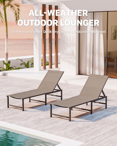 WOAJNQO Chaise Lounge Chair Outdoor,Aluminum Patio Lounge Chairs,Lounge Chairs with 5 Adjustable Backrest for Outside Beach Lawn and Backyard,Khaki