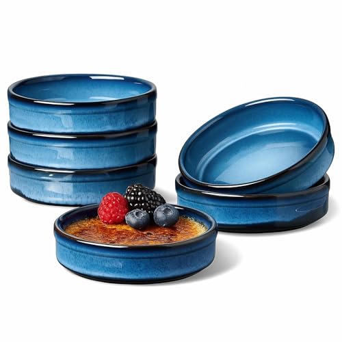 ONEMORE 4 oz Ramekins Oven Safe, Ceramic Ramekins for Creme Brulee, Custard, Pudding, Souffle, Blue Shallow Ramekin Dishes, Small Porcelain Ramekin Set of 6 for Baking & Serving