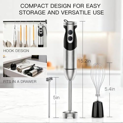 MegaWise Blender Handheld 12-Speed Stainless Steel Electric Hand Blender, 3 in 1 Immersion Handheld Blender，with Sturdy Titanium Plated Stainless Steel Blades(black)