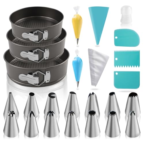 Yumatouch 122PCs Cake Pan Sets for Baking, 7/8/9 Inch Round Cake Pans, Nonstick Springform Cake Pans, Cheesecake Baking Pans with 100 Pcs Piping Bags, 16 Pcs Nozzles, 3 Pcs Scrappers