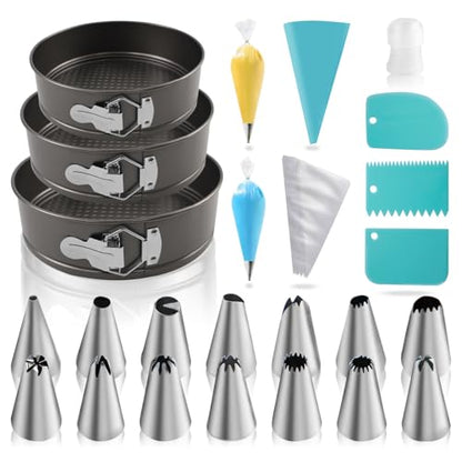 Yumatouch 122PCs Cake Pan Sets for Baking, 7/8/9 Inch Round Cake Pans, Nonstick Springform Cake Pans, Cheesecake Baking Pans with 100 Pcs Piping Bags, 16 Pcs Nozzles, 3 Pcs Scrappers