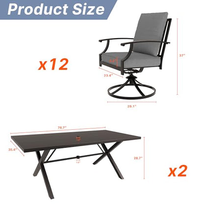 Gotland 14 Piece Outdoor Dining Set, Metal Outdoor Table and Swivel Chairs with X-Shaped Legs 1.5" Umbrella Hole, Patio Furniture Set with Waterproof Cushions, Patio Dining Sets for Deck Gray
