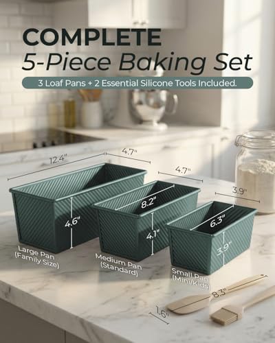 CARTMAN 3-Piece Pullman Loaf Pan with Lid Set – Non-Stick Carbon Steel Bread Pan with Bottom Vents – Includes Large (12.4"), Medium (8.2") & Mini (6.3") Sizes plus Silicone Tools – Sage Green