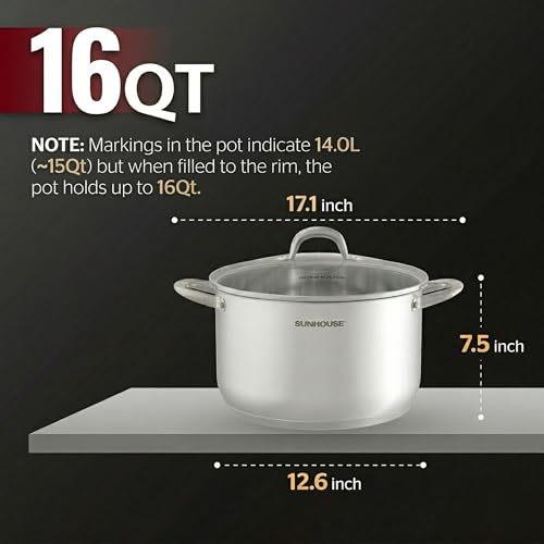 Sunhouse Stock Pot with Lid - 16 QT Large Pot for Cooking Pasta, Soup, Spaghetti - Impact Bonding Base Big Stainless Steel Pots for Canning, Boiling - Oven Safe & Induction Compatible Cookware