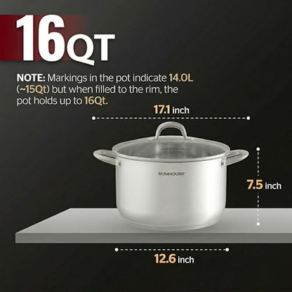 Sunhouse Stock Pot with Lid - 16 QT Large Pot for Cooking Pasta, Soup, Spaghetti - Impact Bonding Base Big Stainless Steel Pots for Canning, Boiling - Oven Safe & Induction Compatible Cookware