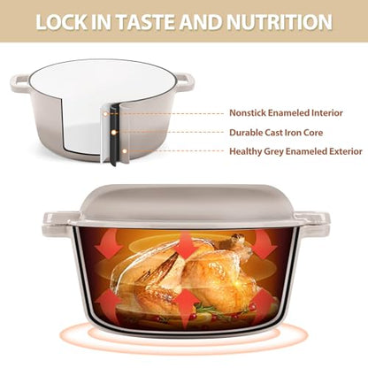 TeamFar 5 Quart Dutch Oven, 2 In 1 Enameled Cast Iron Dutch Oven Pot Cookware with Skillet Lid, for Bread Baking Braising Stewing Roasting, Sturdy & Nonstick, Oven Safe & Fit for Induction (Khaki)