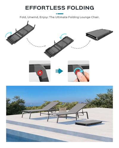Aluminum Chaise Lounge Ourdoor - Foldable & Assemble Free Outdoor Lounge Chair with 5 Adjustable Backrest, Patio Lounge Chair for Outside Poolside Beach Pool, Grey