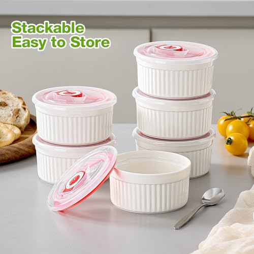 Mfacoy Ramekins with Lids Set of 6, 8 oz Porcelain Creme Brulee Souffle Ramekins with Covers, White Pudding Custard Cups Ramiken for Baking, Small Bowls for Sauces Dessert, Dishwasher and Oven Safe