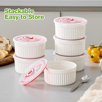 Mfacoy Ramekins with Lids Set of 6, 8 oz Porcelain Creme Brulee Souffle Ramekins with Covers, White Pudding Custard Cups Ramiken for Baking, Small Bowls for Sauces Dessert, Dishwasher and Oven Safe